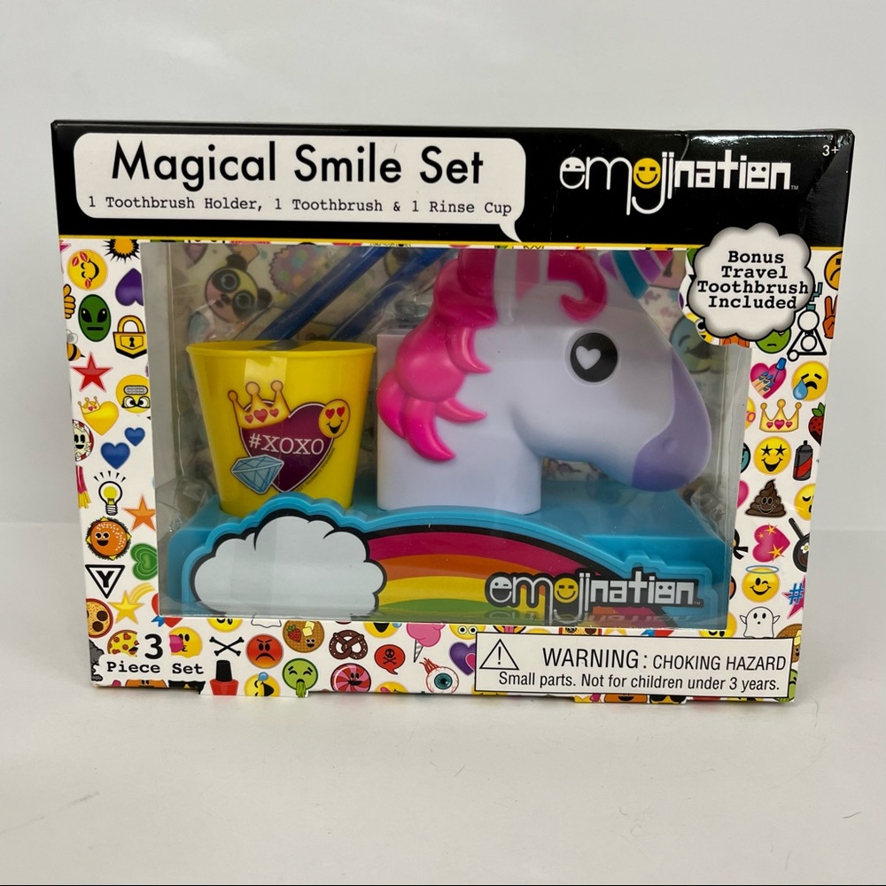 Emojination Set 3 pc Set Unicorn Toothbrush Holder Folding Toothbrush Rinse Cup